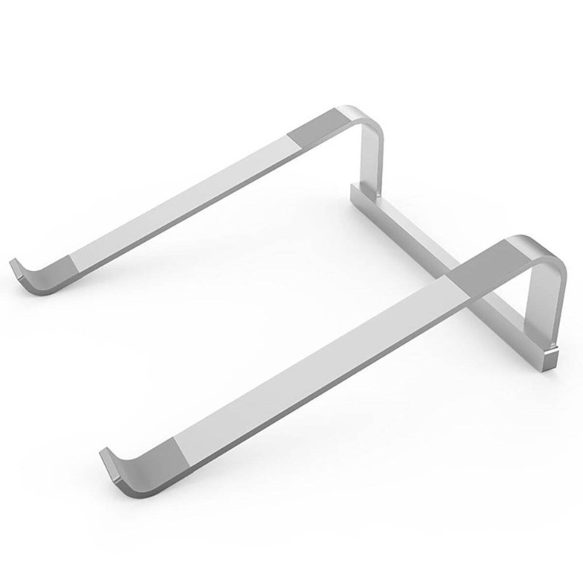 Ein minimalistischer Laptop-Ständer aus Silber mit zwei abgewinkelten Armen, konzipiert, um einen Laptop anzuheben und so eine bessere Ergonomie und Belüftung zu ermöglichen.