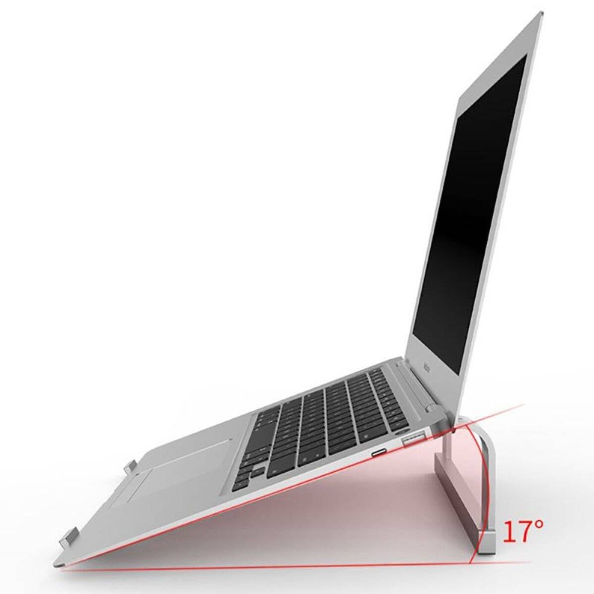 Ein Laptop ist auf einem Ständer aufgestellt und in einem Winkel von 17 Grad geneigt. Die Seitenansicht zeigt den Bildschirm und die Tastatur des Laptops deutlich erhöht für ergonomische Nutzung.