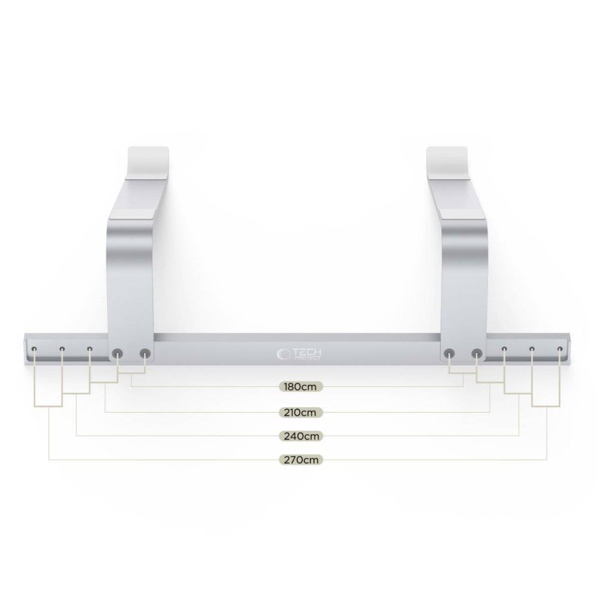 Wandmontierter Technik-Zubehörhalter mit verstellbaren Höheneinstellungen bei 180cm, 210cm, 240cm und 270cm.