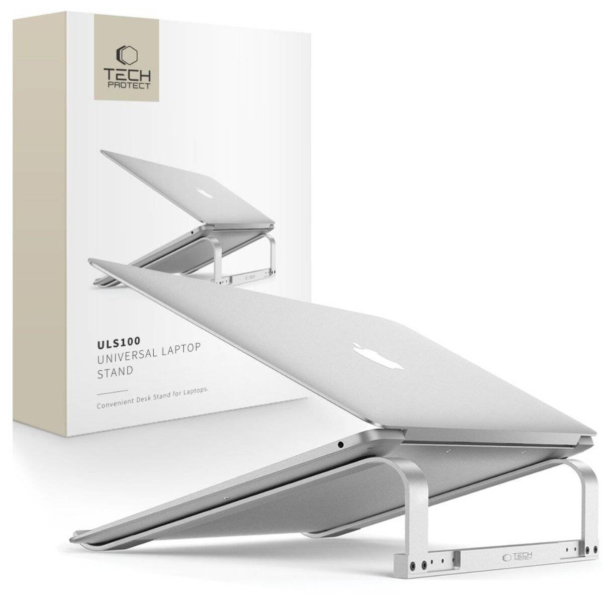 Ein silberner universeller Laptop-Ständer hält einen geöffneten Laptop, der neben seiner Schachtel mit der Aufschrift „Tech Protect ULS100 Universal Laptop Stand