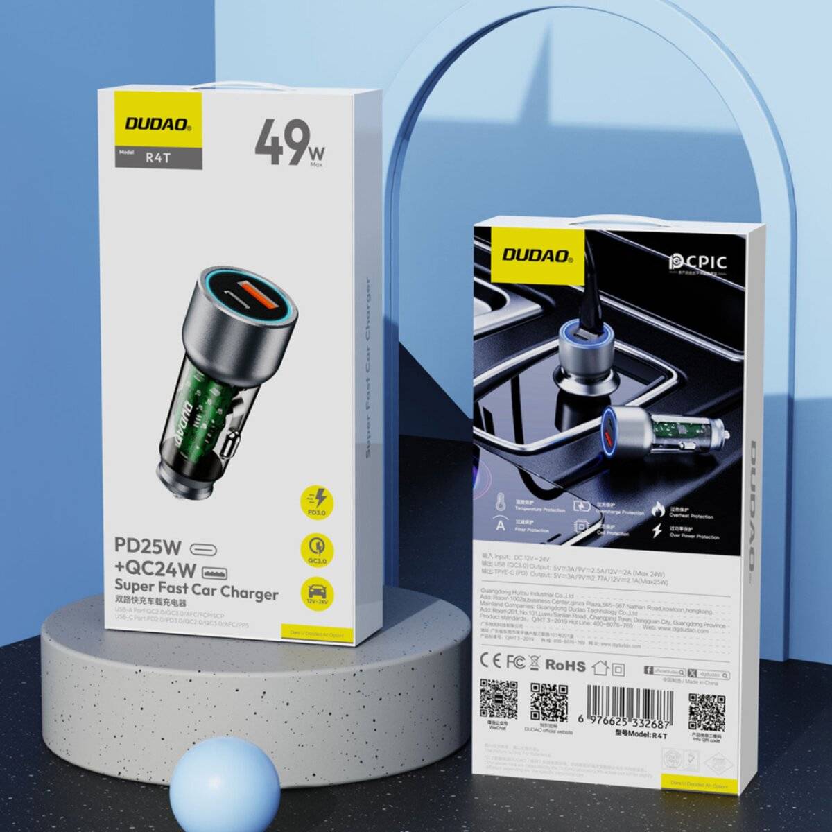 Dudao R4T Autoladegerät 25 W, USB-A & USB-C, Power Delivery & Quick Charge, Grau