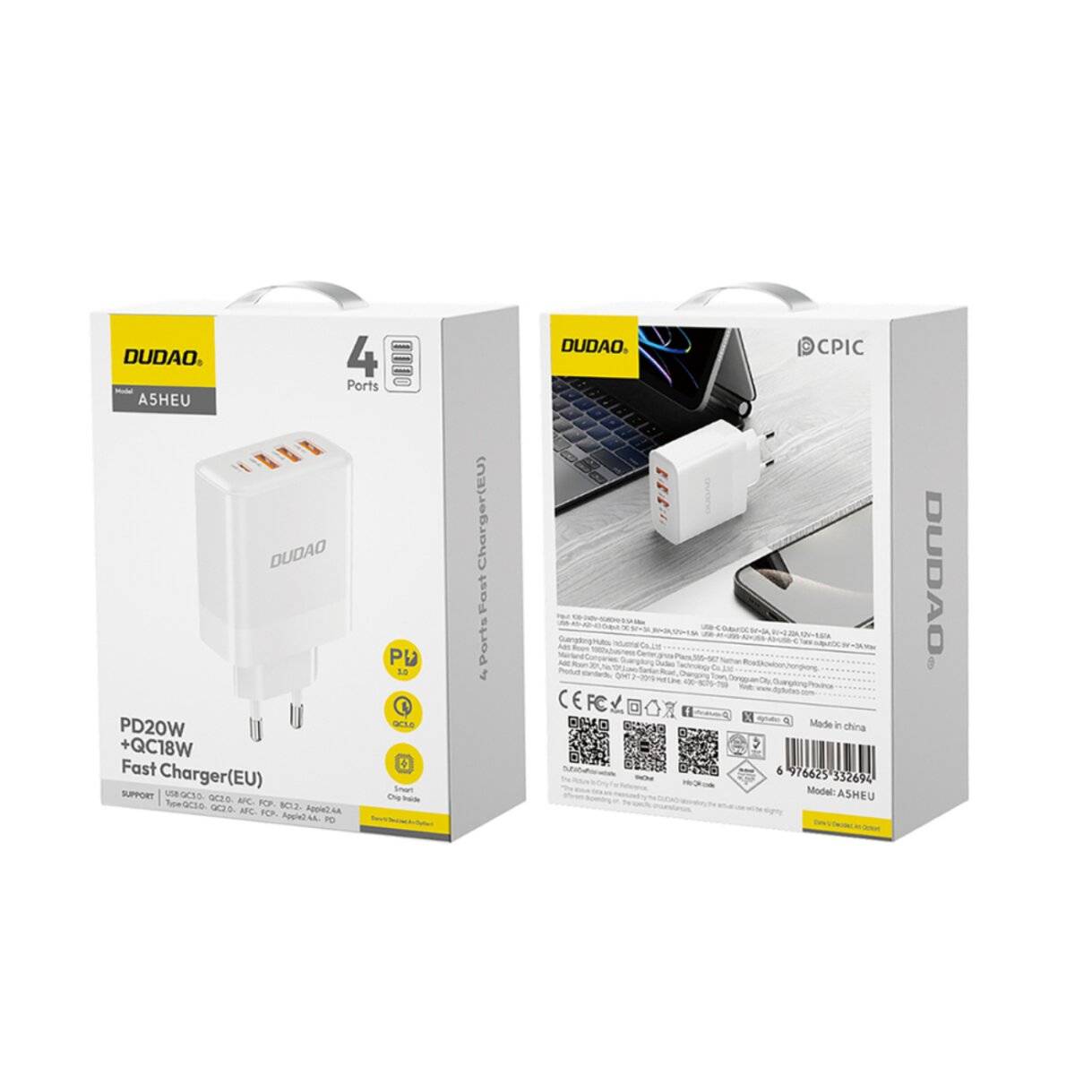 Dudao A30EUL GaN-Wandladegerät 30 W USB-A / USB-C + – Lightning Kabel Weiß