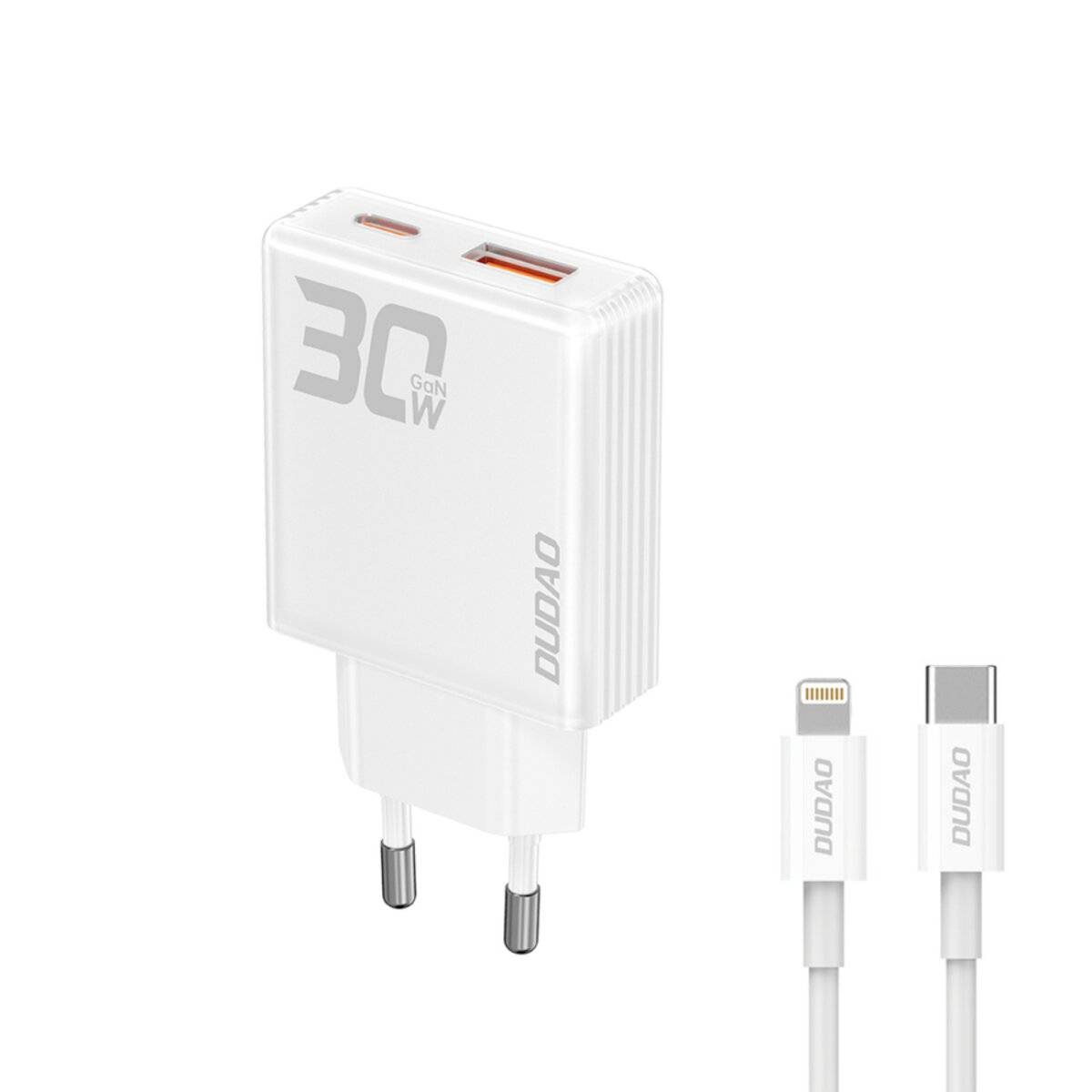 Dudao A30EUL GaN-Wandladegerät 30 W USB-A / USB-C + – Lightning Kabel Weiß