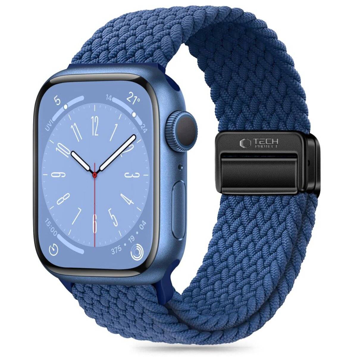 Eine Smartwatch mit einem blauen geflochtenen Armband, das die Uhrzeit „10:09
