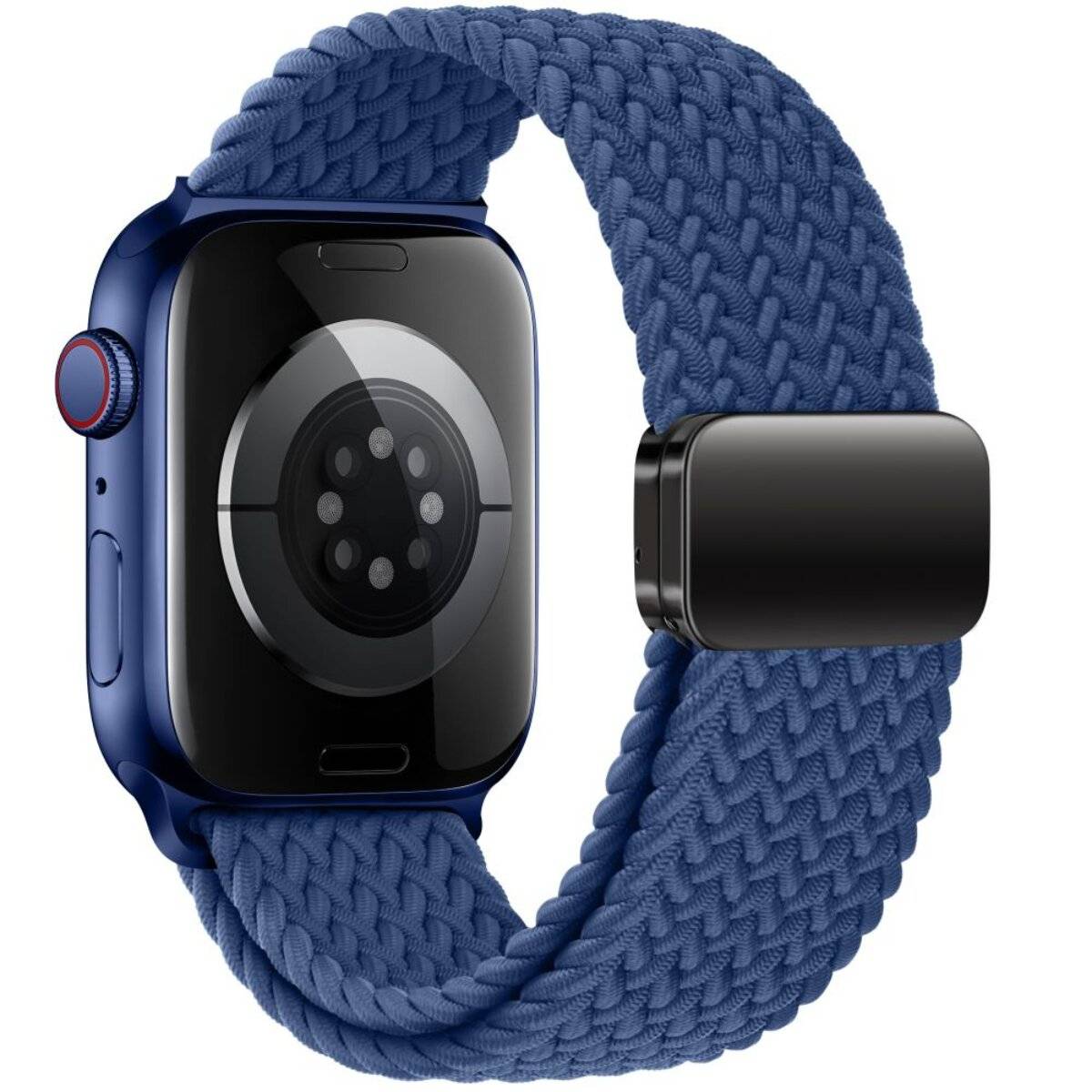 Eine Smartwatch mit blauem Gewebsarmband, mit rechteckigem Zifferblatt und mehreren Sensoren auf der Unterseite, entwickelt zur Gesundheitsverfolgung.