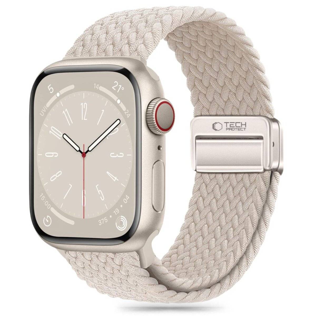 Eine Smartwatch mit beigem gewebtem Armband zeigt ein analoges Zifferblatt und die Temperatur 