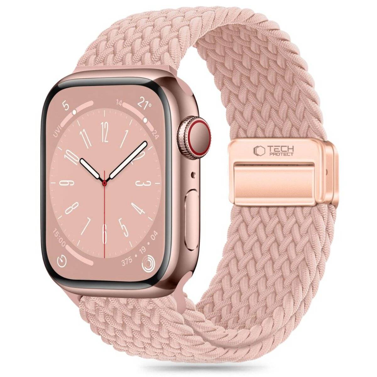 Eine rosegoldene Smartwatch, die die Zeit anzeigt, mit einem geflochtenen rosa Armband. Das Zifferblatt zeigt eine digitale Uhrzeit mit minimalem Design.