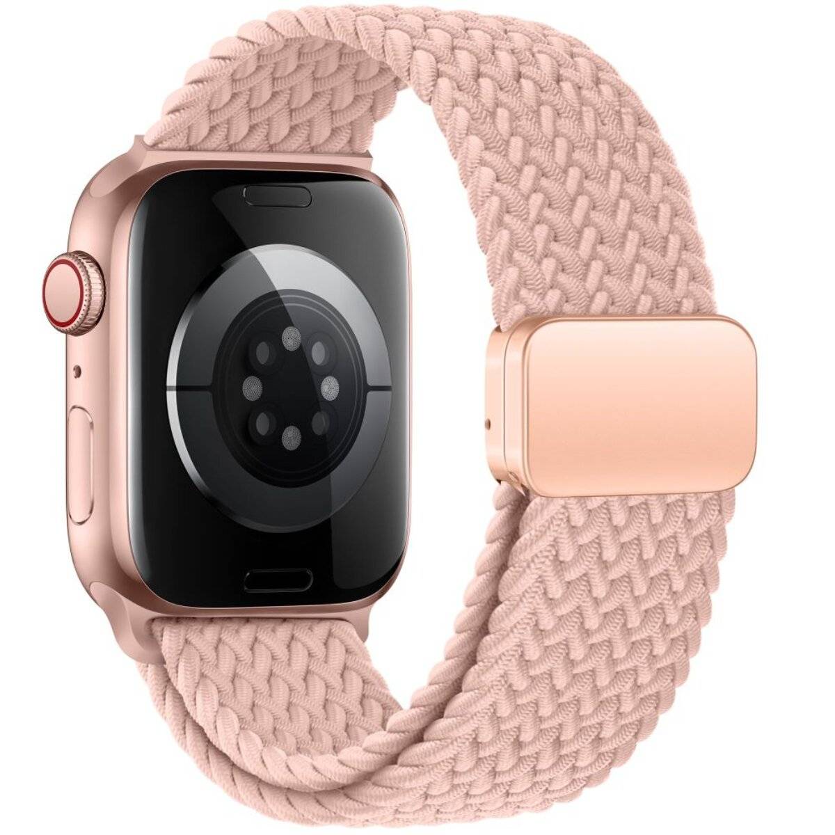 Eine Smartwatch mit rosegoldenem Rahmen und gewebtem rosa Armband wird angezeigt, wobei die Unterseite mit sichtbaren Sensoren gezeigt wird.