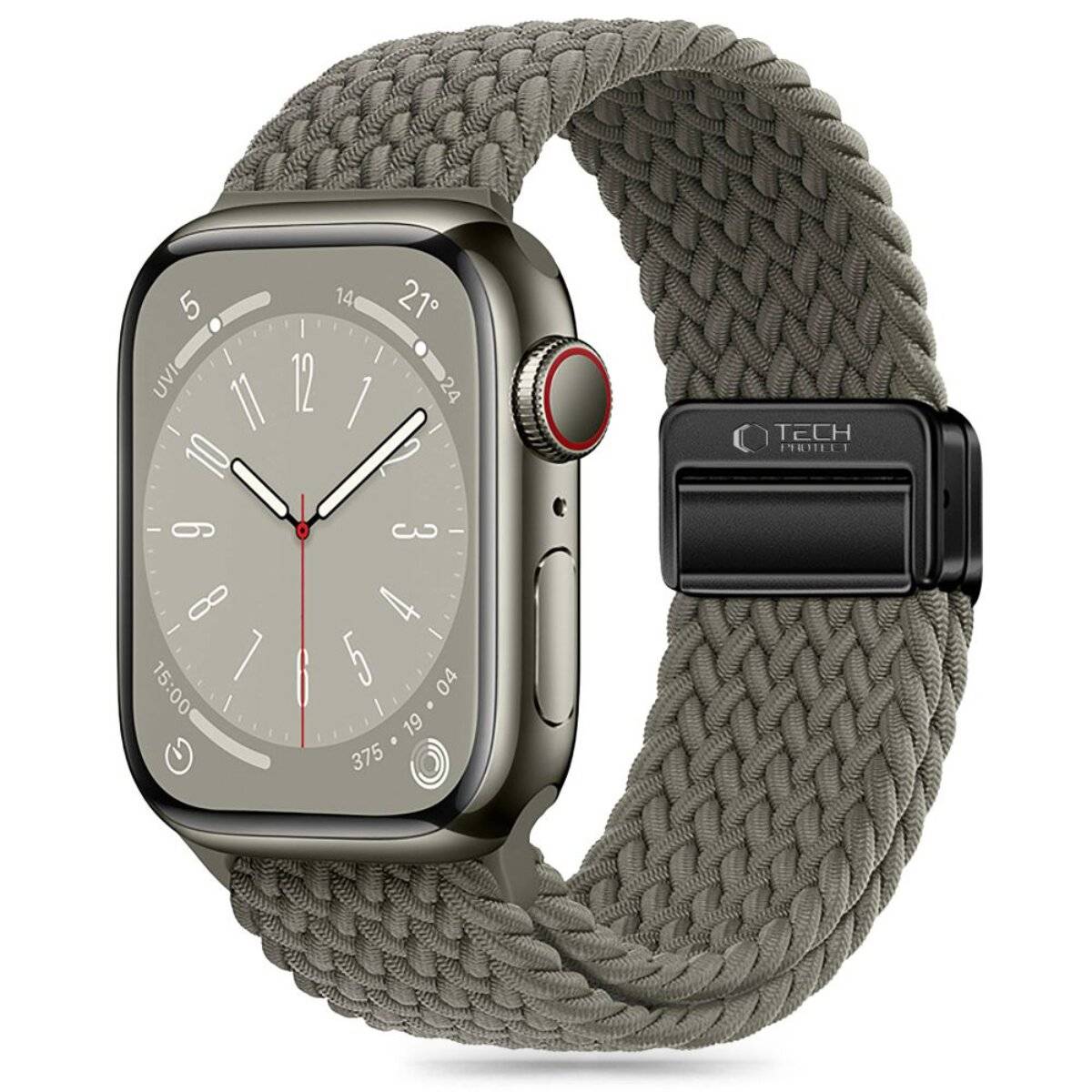 Eine Smartwatch mit geflochtenem Armband zeigt eine analoge Uhrenoberfläche an. Das Gehäuse der Uhr ist metallisch, und das Armband ist grau mit einer Schnalle.
