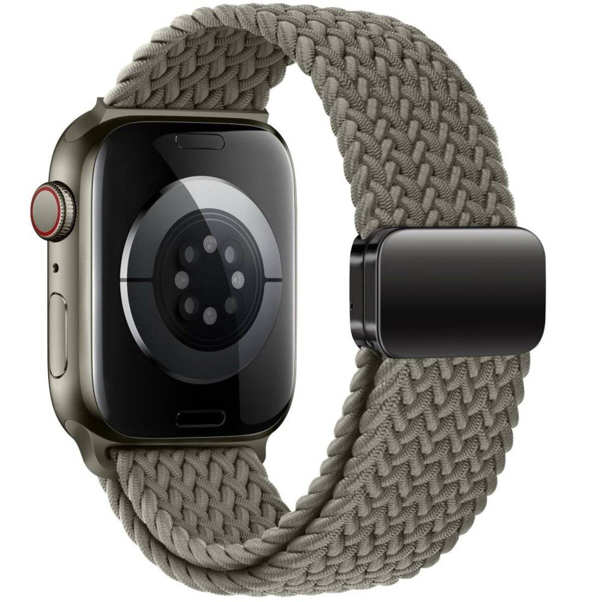 Eine schwarze Smartwatch mit dunkelgrünem geflochtenem Nylonarmband, die ihre seitlichen Tasten und ein Sensorarray zeigt, entwickelt zum Fitness-Tracking und für Benachrichtigungen.