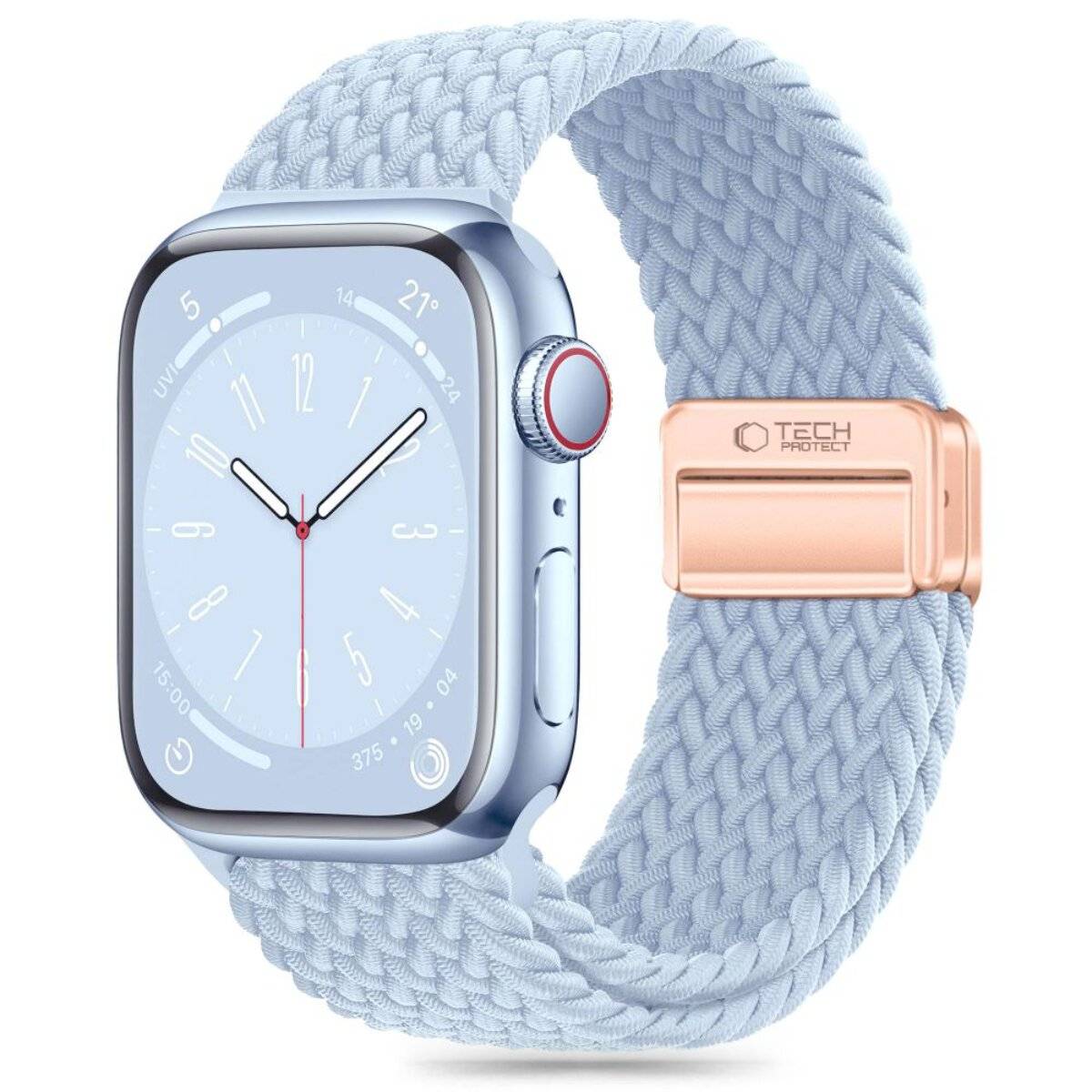 Eine blaue Smartwatch mit geflochtenem Armband und einer Rosegold-Schließe. Das Uhrengesicht zeigt eine analoge Uhr mit weißen Stunden- und Minutenzeigern an.