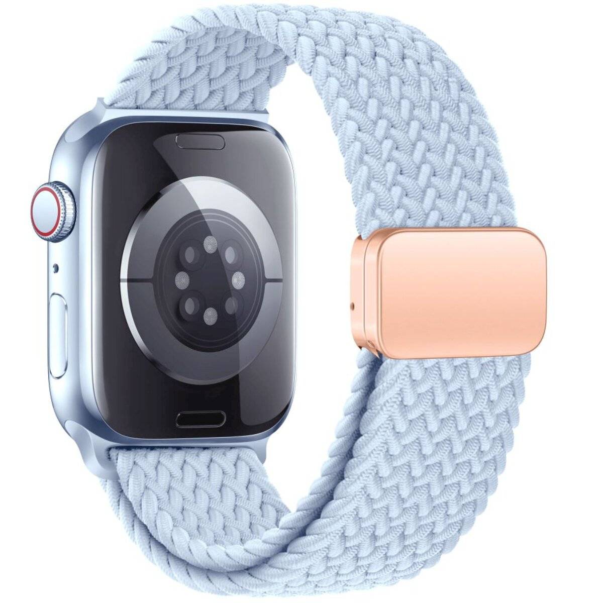 Eine Smartwatch mit geflochtenem hellblauem Armband und magnetischer Schließe in Gold wird von hinten gezeigt, wobei ihre Sensoren hervorgehoben sind.