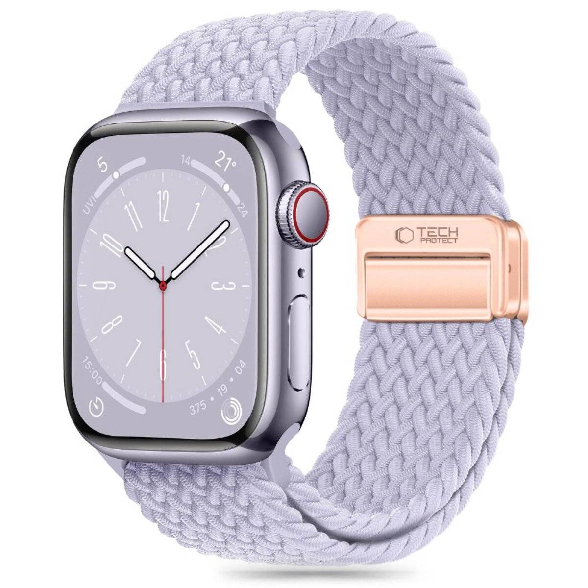 Eine Smartwatch mit einem lavanderfarbenen gewebten Armband, auf dem eine analoge Uhr angezeigt wird. Die Schnalle des Armbands hat ein „TECH PROTECT