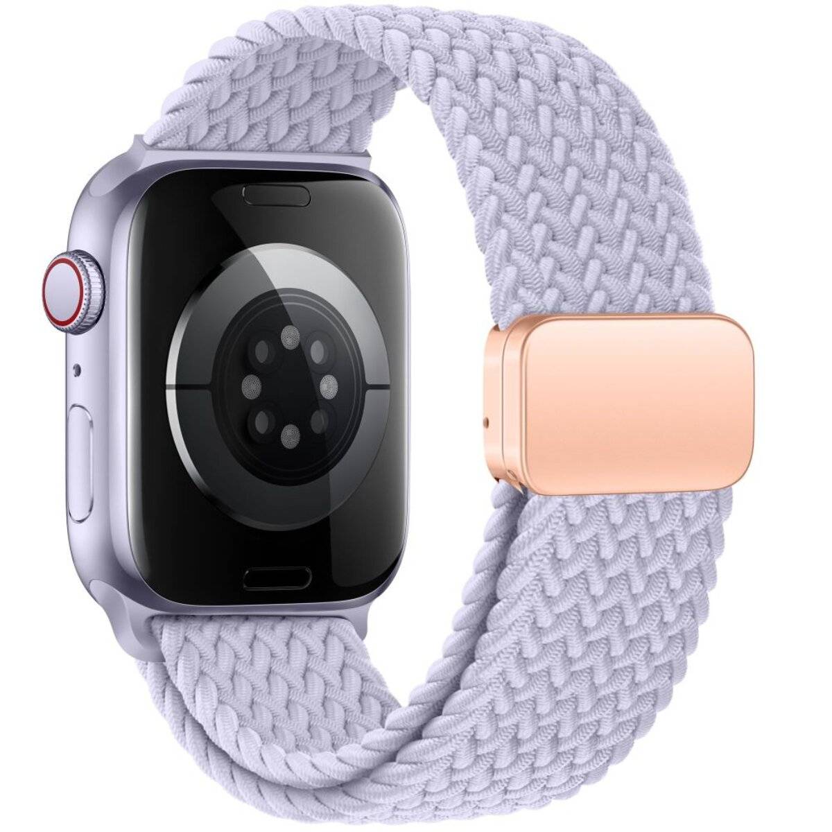 Eine Smartwatch mit violettem geflochtenem Armband und kreisförmigen Sensoren auf der Rückseite, mit elegantem rechteckigem Display und rosegoldenem Akzent.