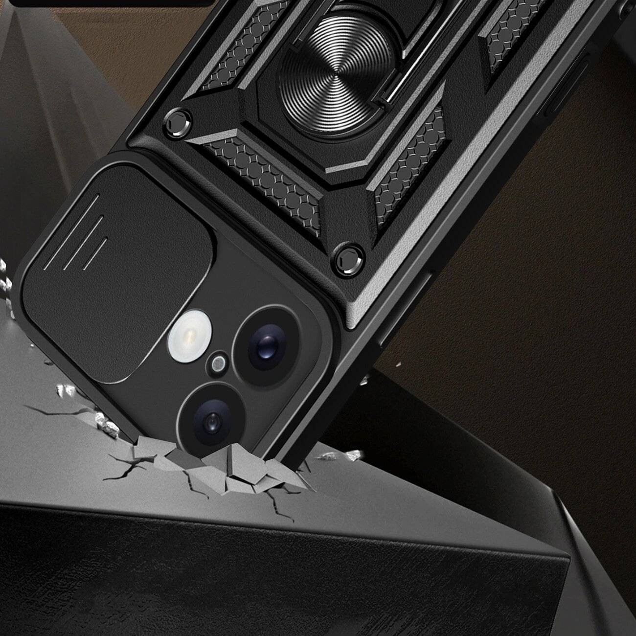 Hybrid Armor Camshield Panzerhülle iPhone 16 Kameraabdeckung Ständer – Schwarz