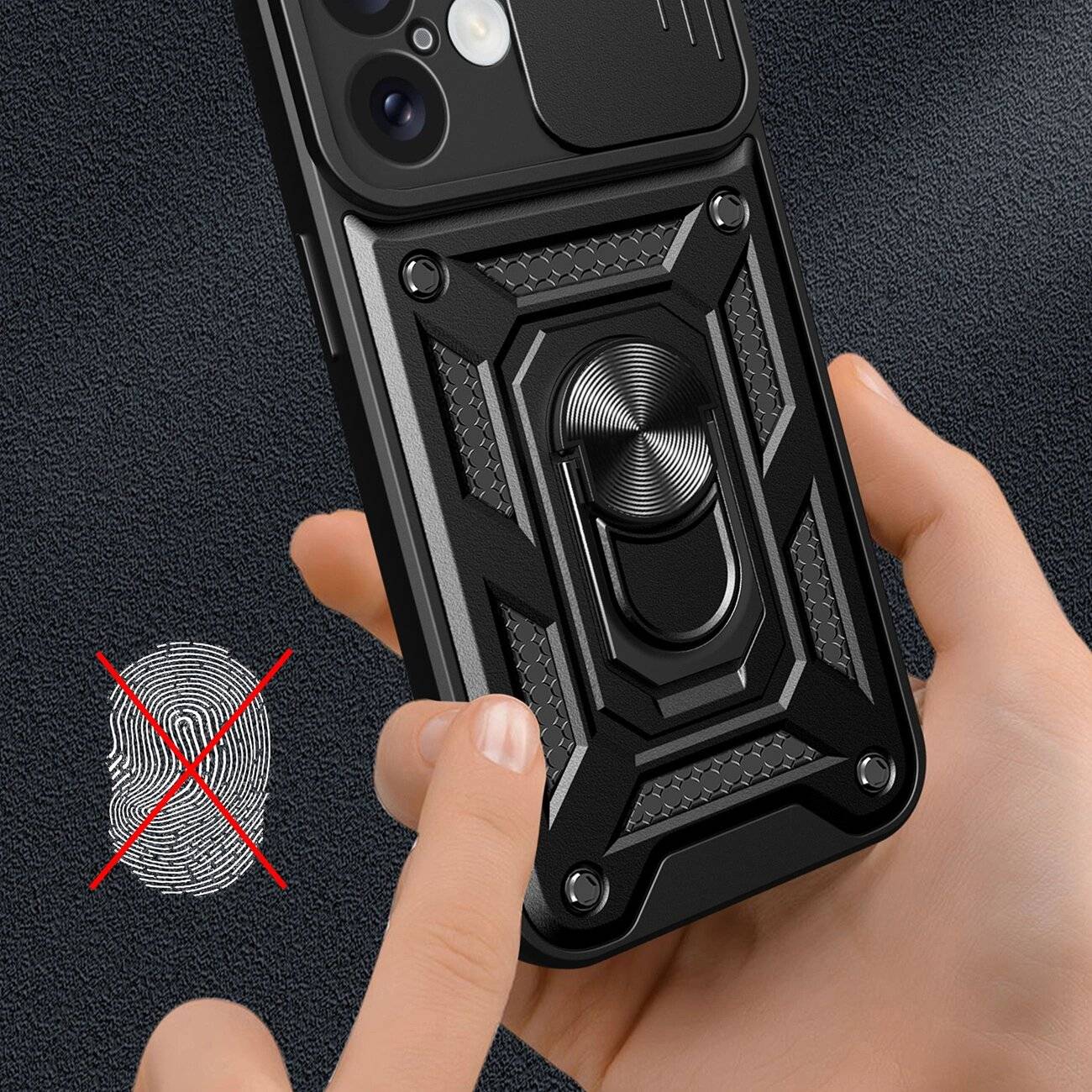 Hybrid Armor Camshield iPhone 16 Plus Panzerhülle Kameraabdeckung Ständer – Schwarz