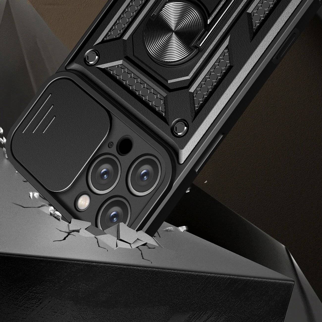 Hybrid Armor Camshield iPhone 16 Pro gepanzerte Hülle Kameraabdeckung Ständer – Schwarz