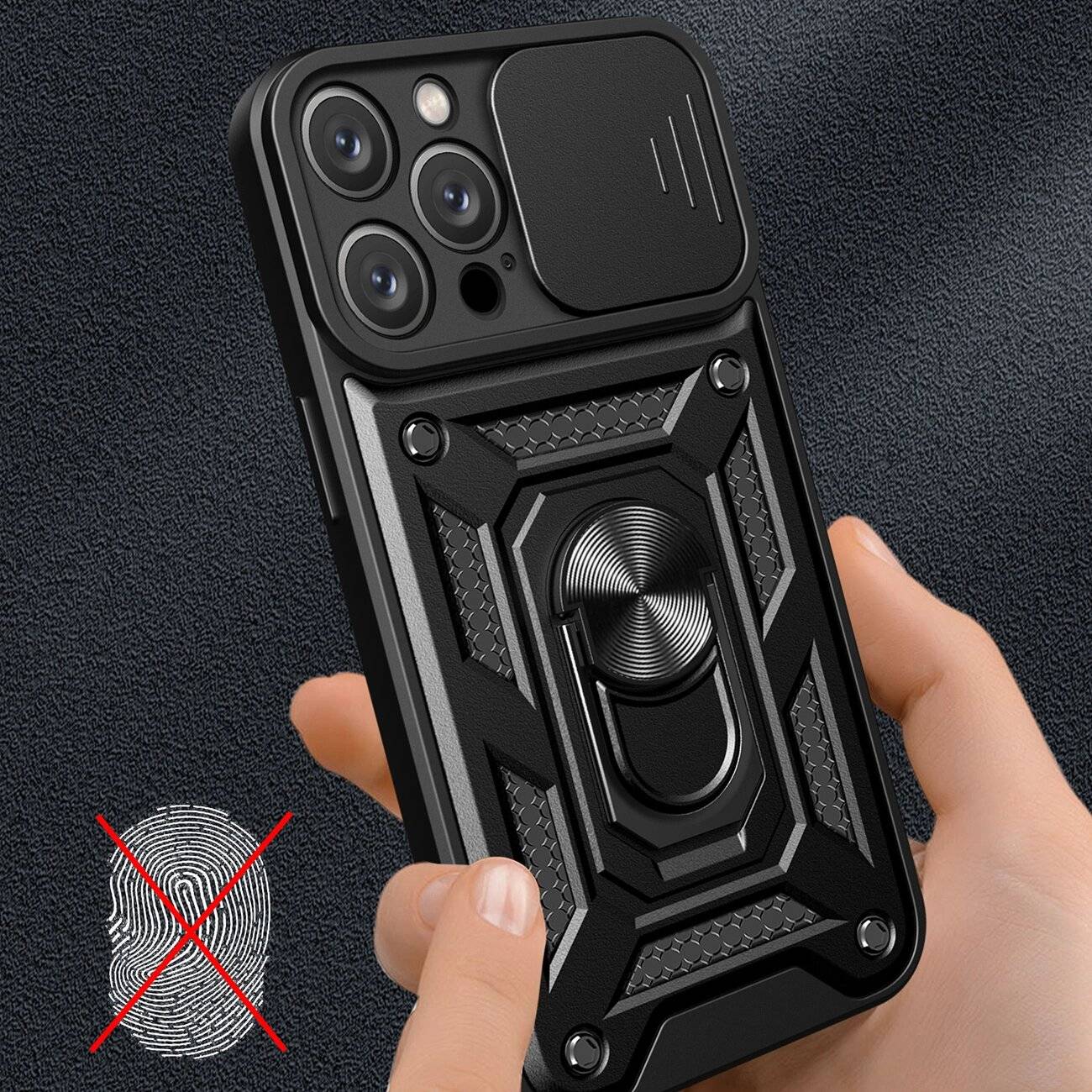Hybrid Armor Camshield Panzerhülle iPhone 16 Pro Max Kameraabdeckung Ständer – Schwarz