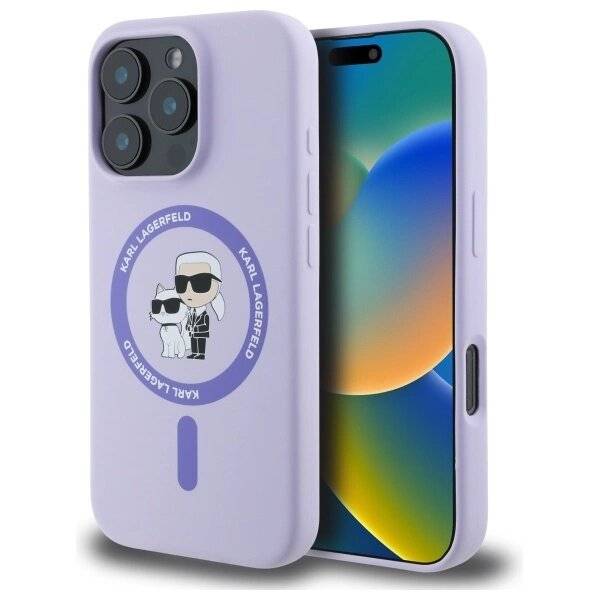 Karl Lagerfeld Silikon Karl&Choupette Heads Ring MagSafe Hülle iPhone 16 Pro – Lila