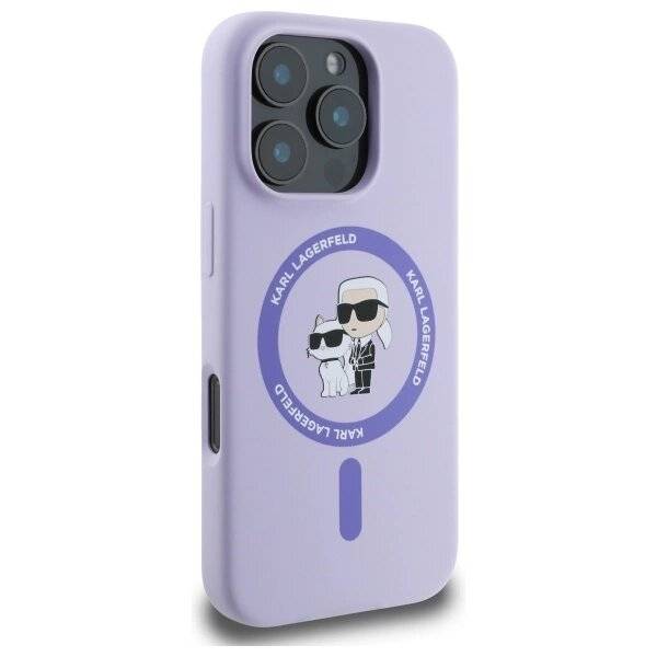 Karl Lagerfeld Silikon Karl&Choupette Heads Ring MagSafe Hülle iPhone 16 Pro – Lila