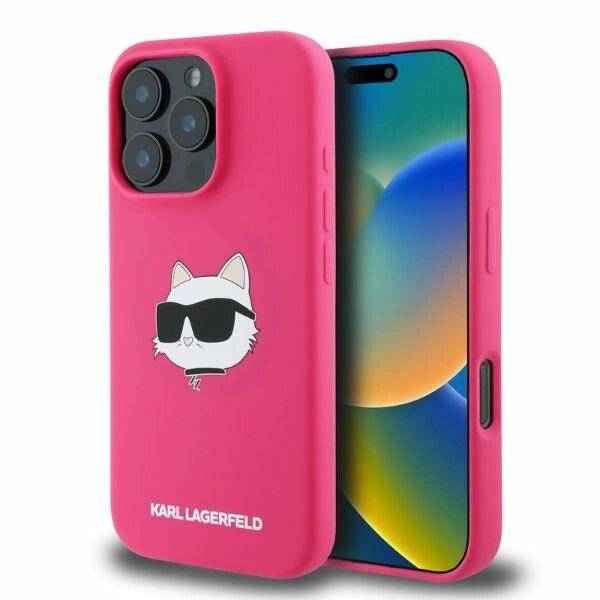Karl Lagerfeld Silikon-MagSafe-Hülle Choupette-Kopf-Aufdruck iPhone 16 Pro Max – Fuchsia