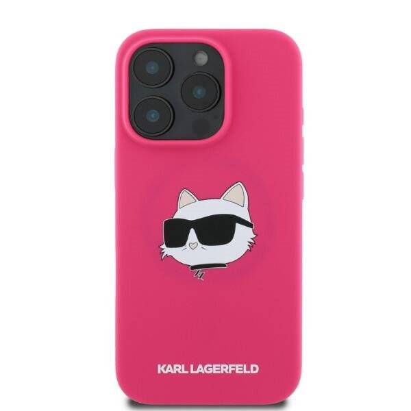 Rosa Handyhülle mit einer Cartoon-Katze, die Sonnenbrille und Fliege trägt. Der Name „Karl Lagerfeld
