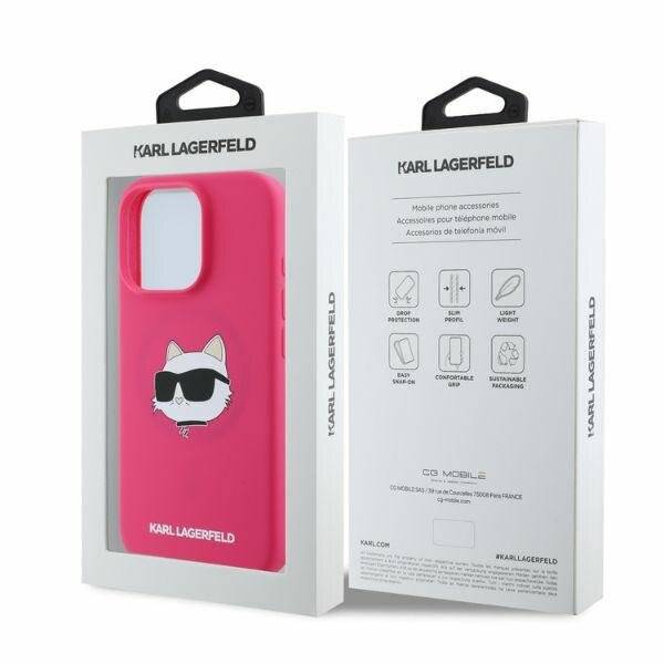 Pinkes Handyhülle mit einer Cartoon-Katze mit Sonnenbrille, verpackt in einer Karl Lagerfeld-Markenbox, mit Symbolen für Funktionen.