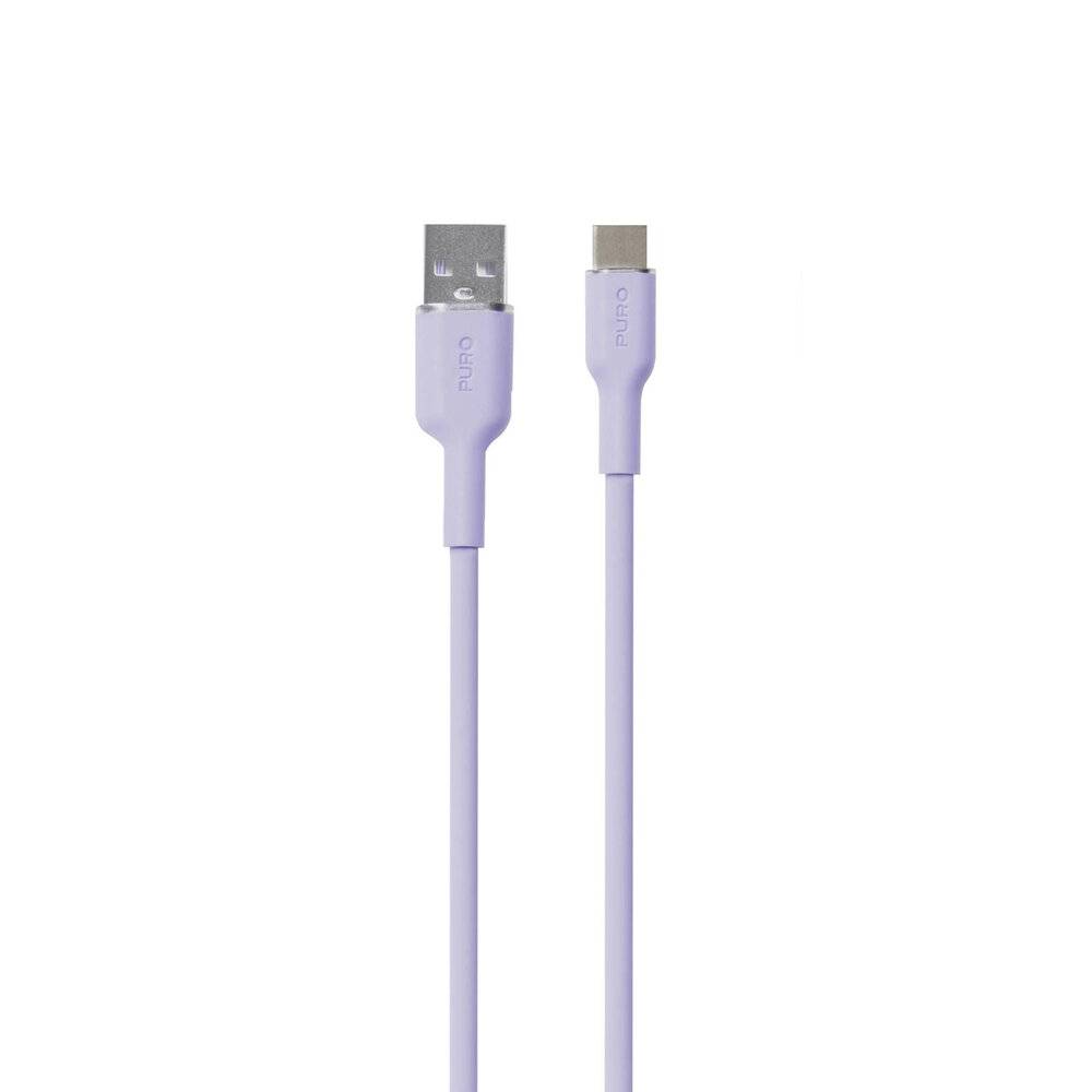 Ein violettes USB-auf-Type-C-Kabel wird gezeigt, mit einem Ende, das einen USB-A-Stecker aufweist, und dem anderen Ende einen USB-C-Stecker, verwendet zum Laden oder zur Datenübertragung.