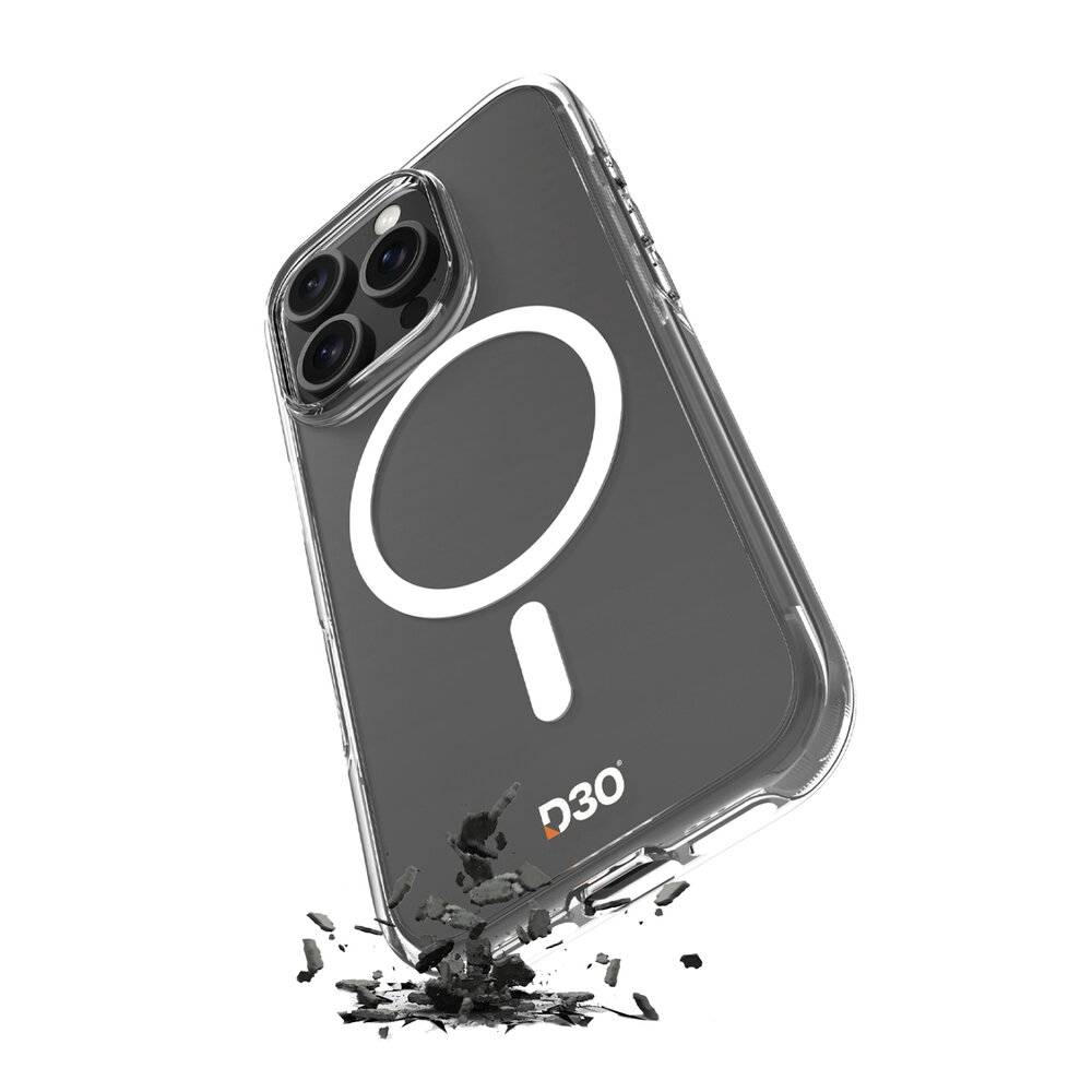 Ein Smartphone in einer durchsichtigen Schutzhülle fällt herab und schlägt auf dem Boden auf, wobei es unten zerbricht. Die Hülle zeigt ein großes Kreisdesign und das Logo „D3O