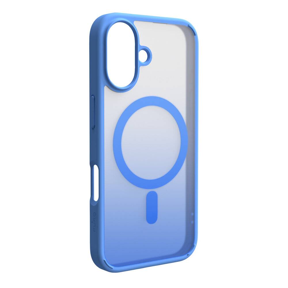 Ein blaues Handyschutzkase mit transparenter Rückseite, das ein kühnes, blaues Kreis- und Liniendesign in der Mitte zeigt.