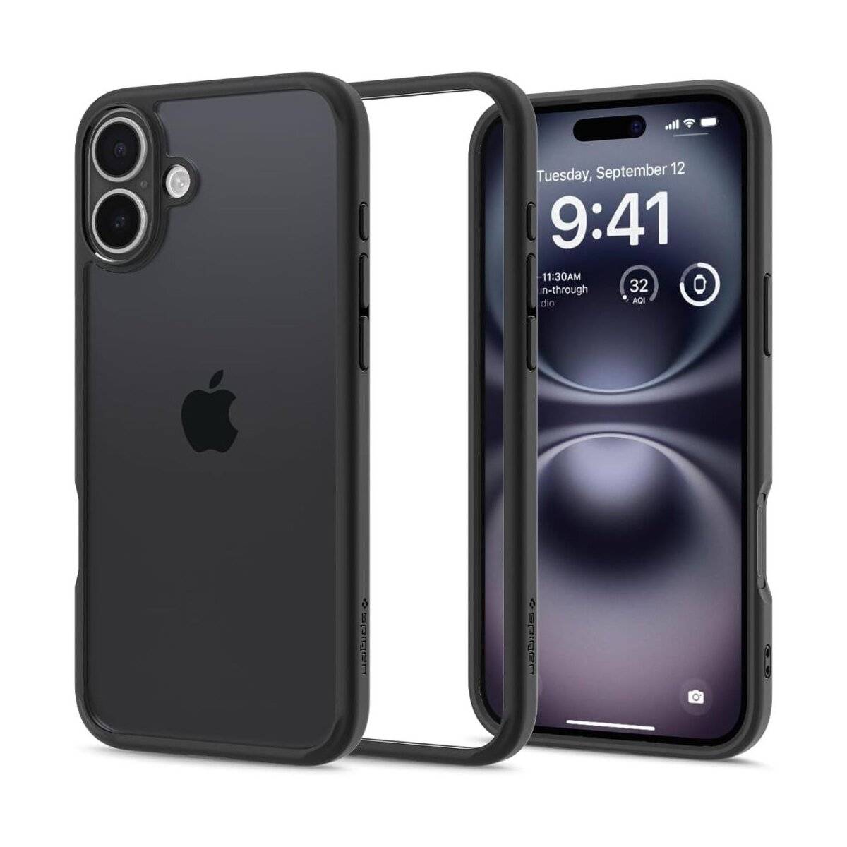 Ein klares und schwarzes Handycover, das die Rück- und Vorderseite eines Smartphones mit Dreifachkamera und einen Bildschirm mit Anzeige der Uhrzeit und des Datums zeigt.