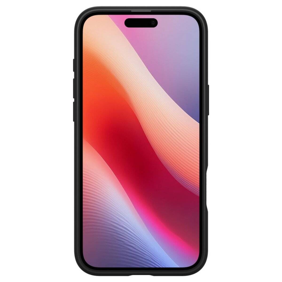 Ein Smartphone zeigt einen lebendigen, abstrakten Hintergrund mit roten, rosa- und purpurfarbenen Farbverläufen. Das Telefon wird von vorne vor einem weißen Hintergrund dargestellt.