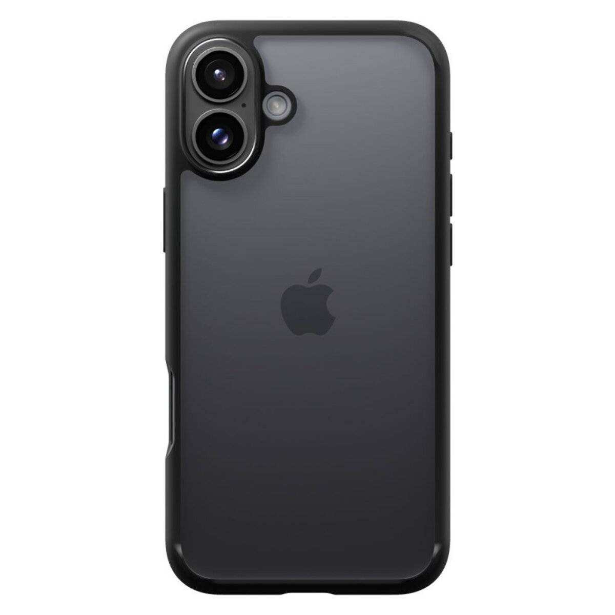 Ein schwarzes Smartphone, von hinten gezeigt, mit einem Apple-Logo und zwei Kameraobjektiven in der oberen linken Ecke.