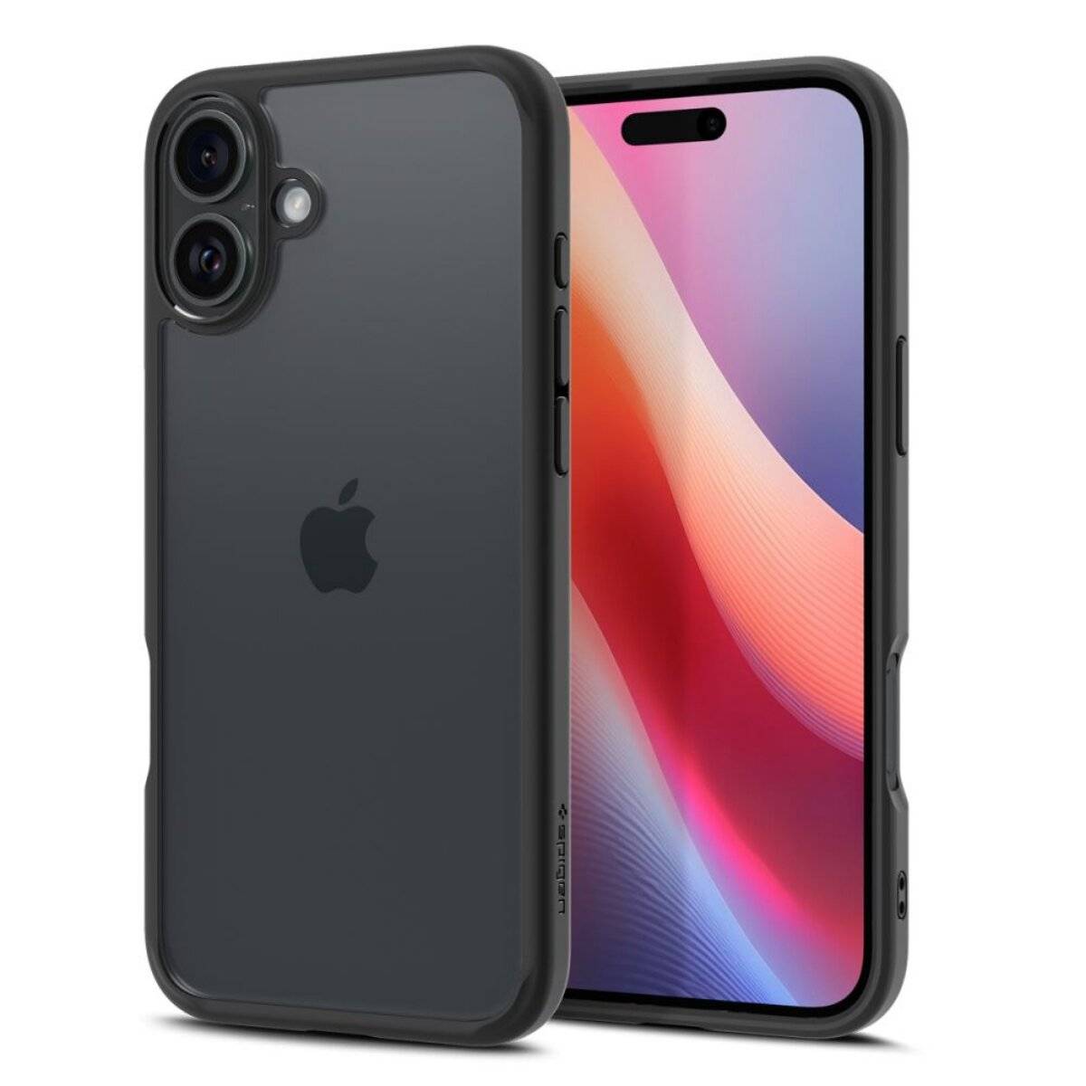 Ein Smartphone mit elegantem schwarzem Gehäuse und lebendigem Display, das abstrakte Farben zeigt, einschließlich roter und blauer Farbverläufe.