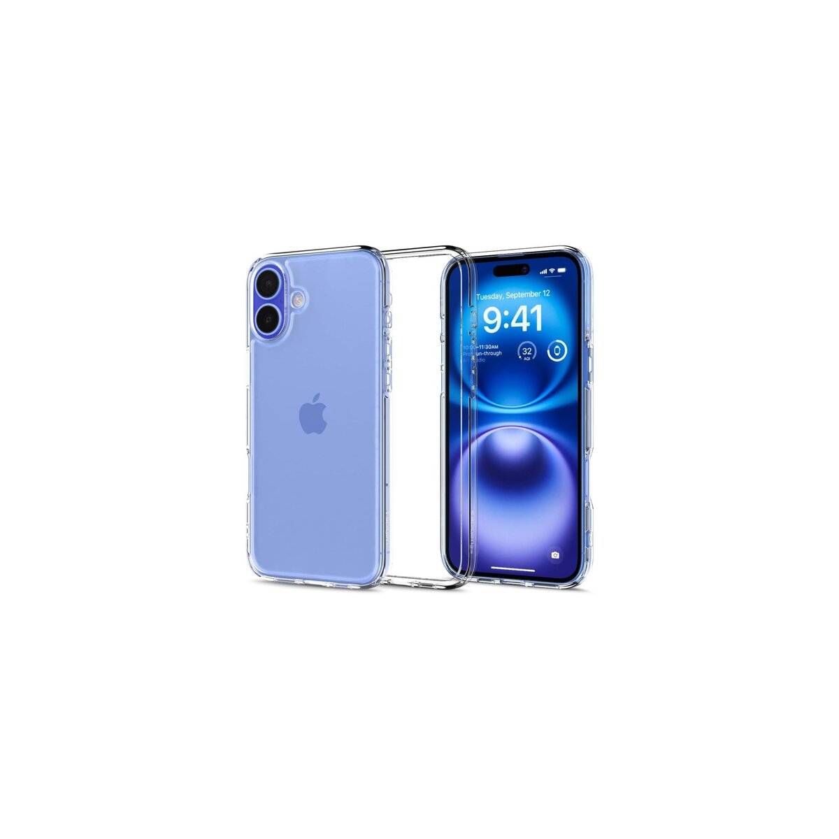 Ein blaues Smartphone, Vorder- und Rückansicht. Der Bildschirm zeigt 9:41 und App-Symbole. Das Telefon verfügt über eine Doppelkamera und eine transparente Schutzhülle.
