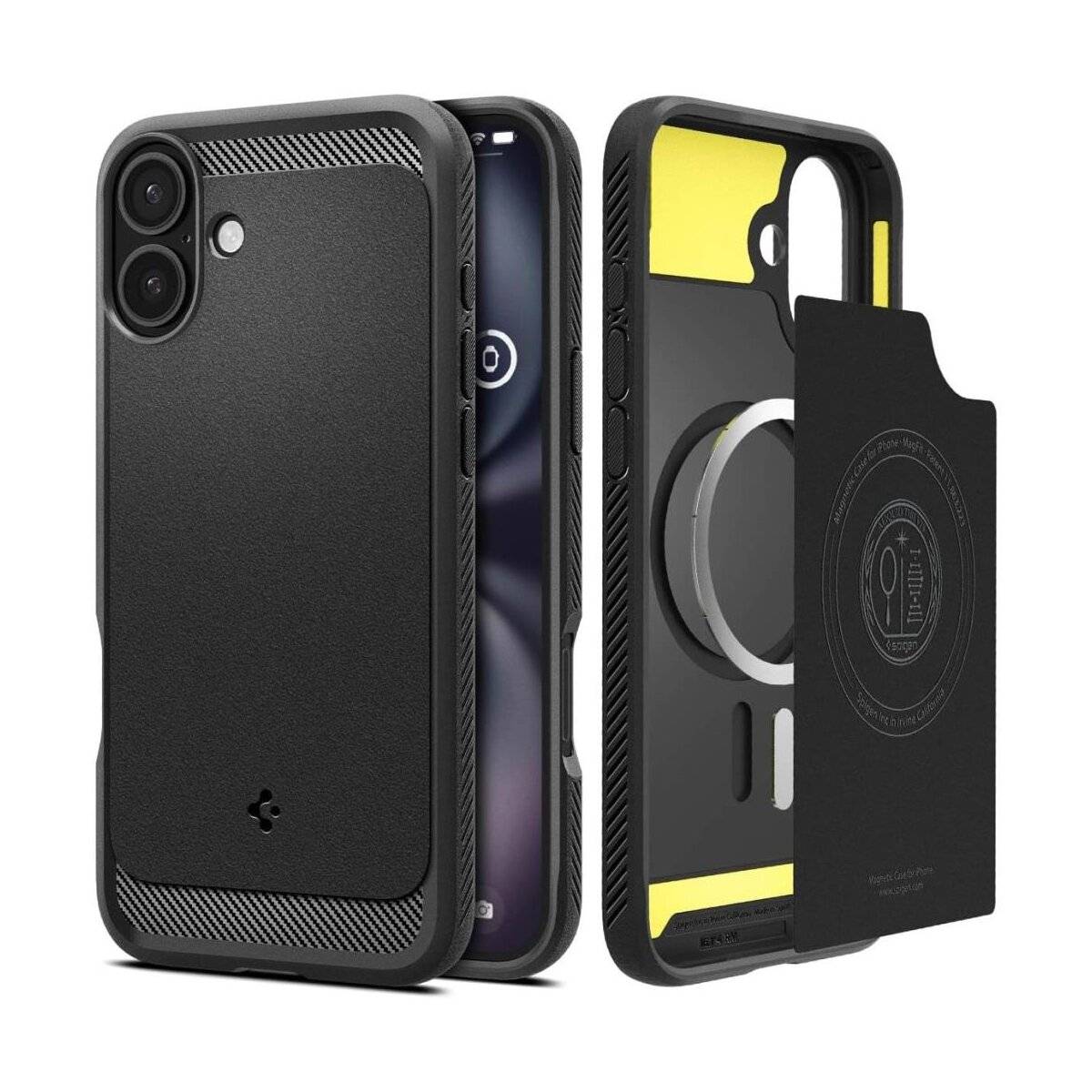 Ein Handyhülle mit doppelten Schutzschichten, kompatibel mit magnetischem Laden, von hinten und vorne gezeigt. Beinhaltet einen Kartenhalter.