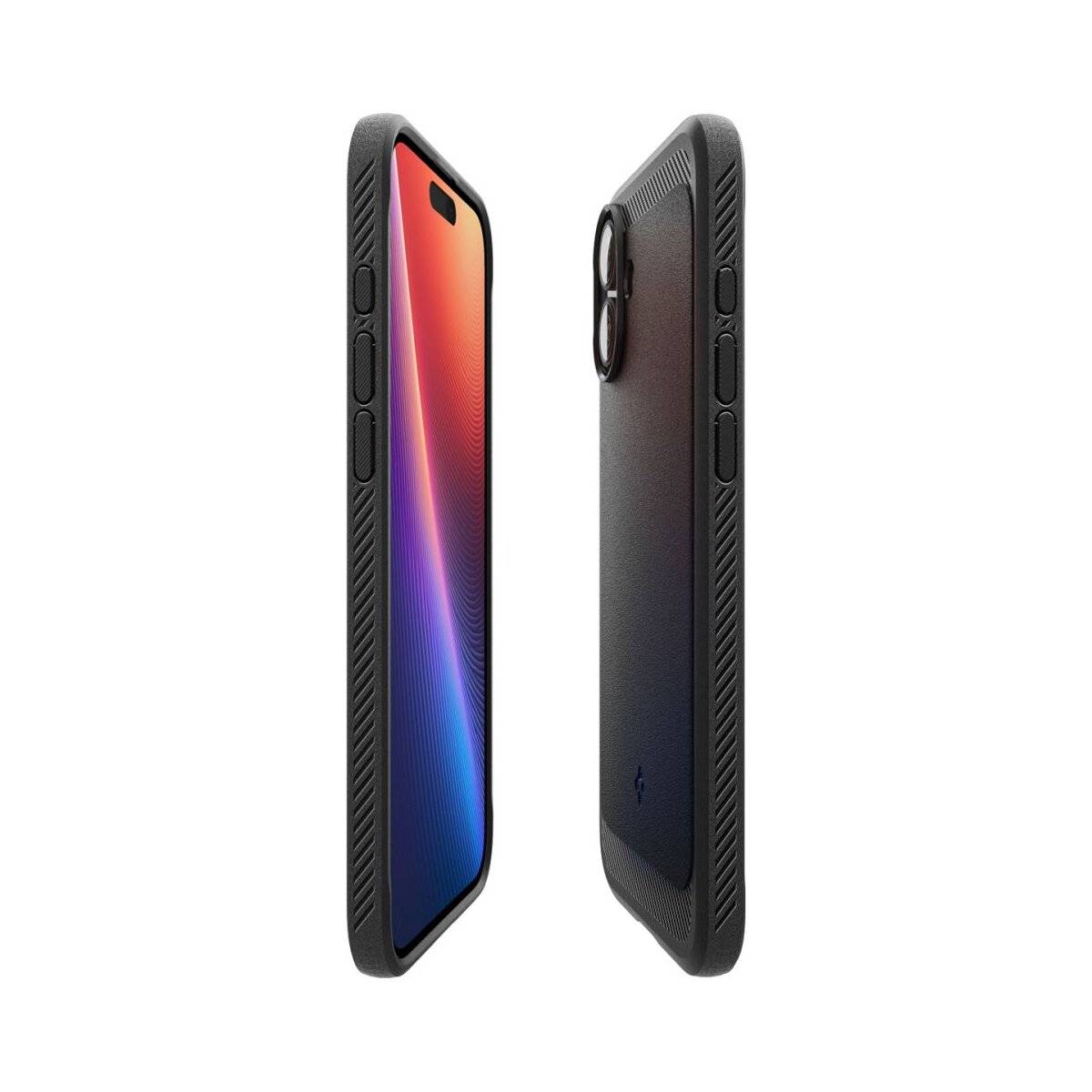Zwei Ansichten eines Smartphones in einer schwarzen Hülle: eine zeigt die Vorderseite mit einem Gradient-Bildschirm, die andere zeigt die Rückseite mit Dual-Kameras.