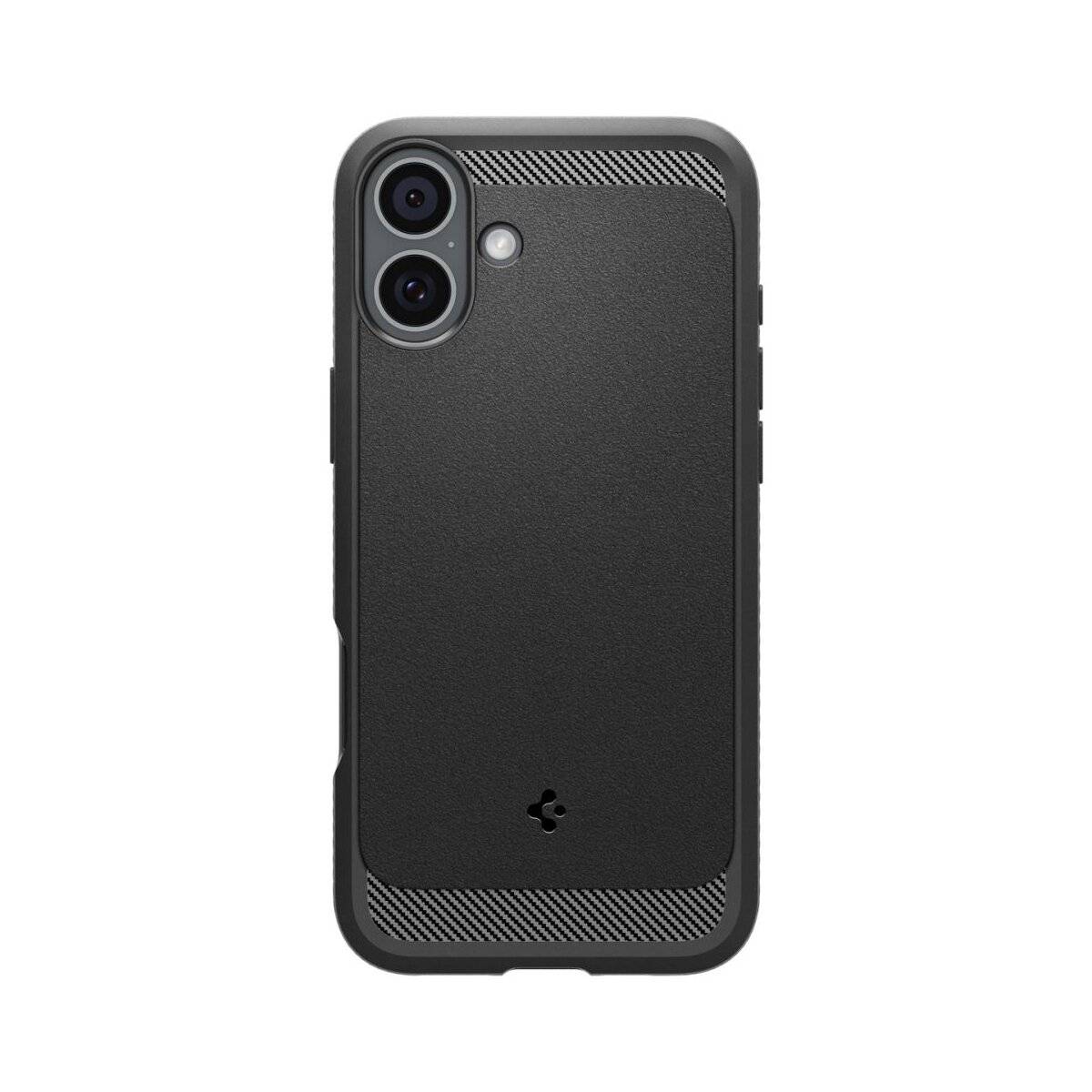 Ein schwarzes Smartphone-Case mit dualen Kameraausschnitten, strukturierten Kanten und einem kleinen Logo in der Nähe der unteren Mitte.