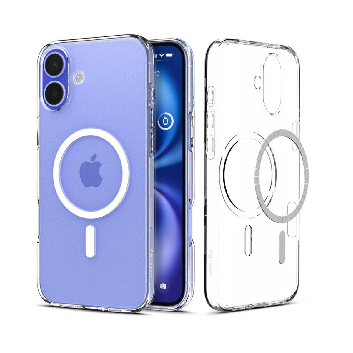 Transparente Handyhüllen mit magnetischen Ringen, passend für ein blaues Smartphone mit dualen rückwärtigen Kameras.