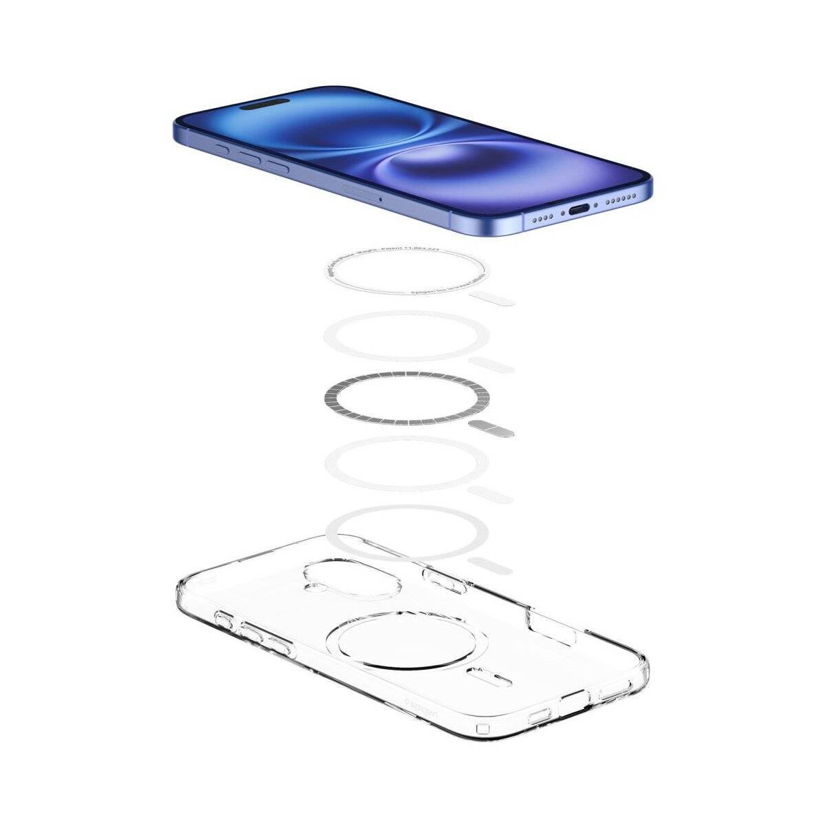 Explodierte Ansicht eines Smartphones mit dem Telefon, internen Komponenten und transparentem Gehäuse, das das Design und die Montage hervorhebt.