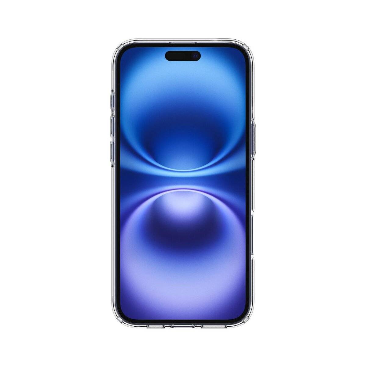 Ein schlankes Smartphone mit glänzend blauem Bildschirm, das zwei leuchtende Lichtkreise zeigt, einen oben und einen unten.