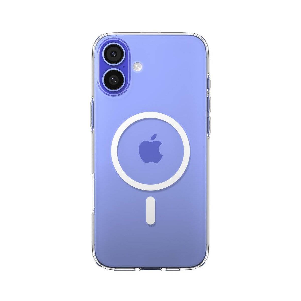 Ein lila Smartphone-Gehäuse mit klarer Kontur verfügt über ein kreisförmiges Design rund um das Apple-Logo und Platz für zwei Kameraobjektive.