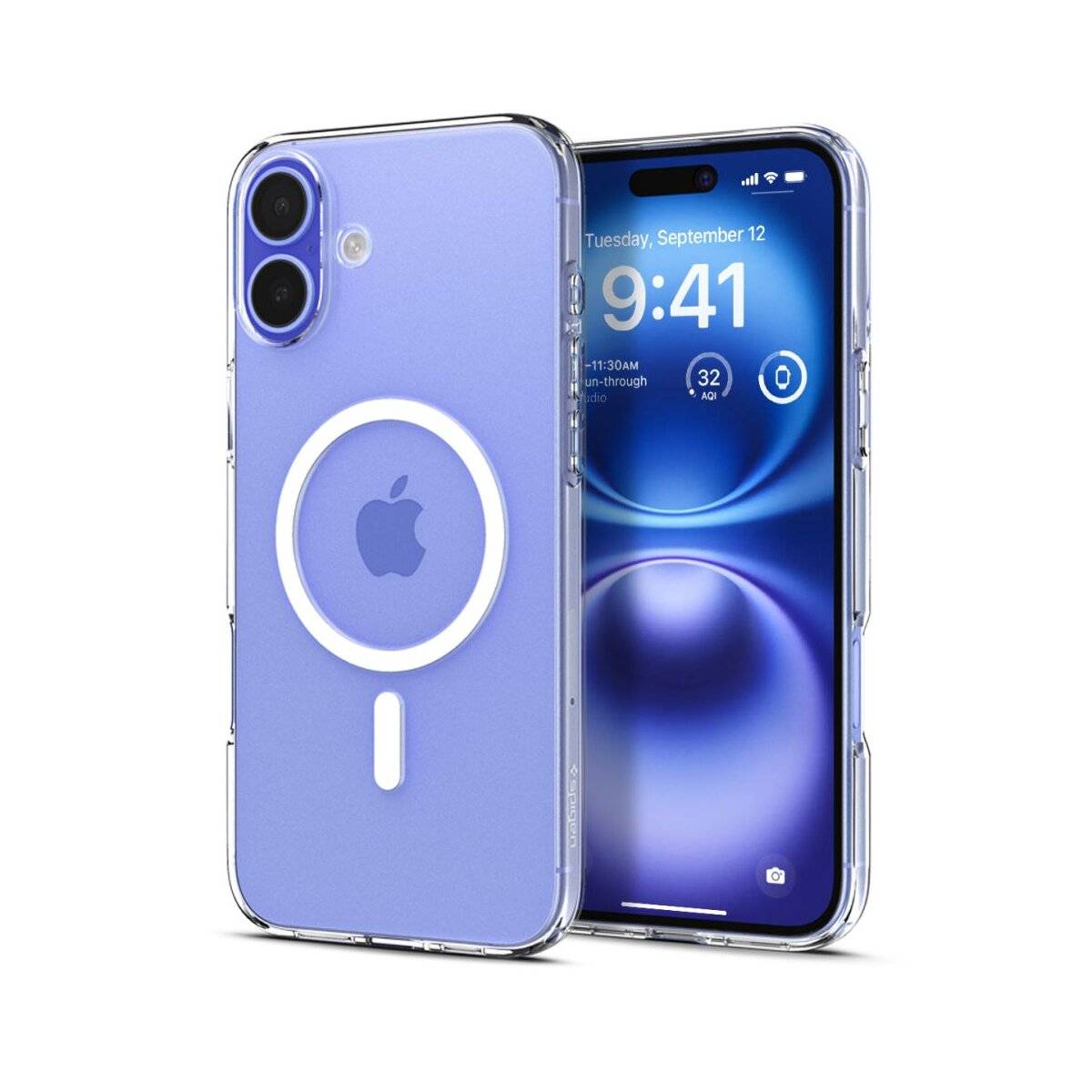 Zwei Smartphones mit violetten Hüllen. Das linke zeigt die Rückseite mit einem kreisförmigen Design, während das rechte einen Sperrbildschirm mit Uhrzeit und Datum anzeigt.