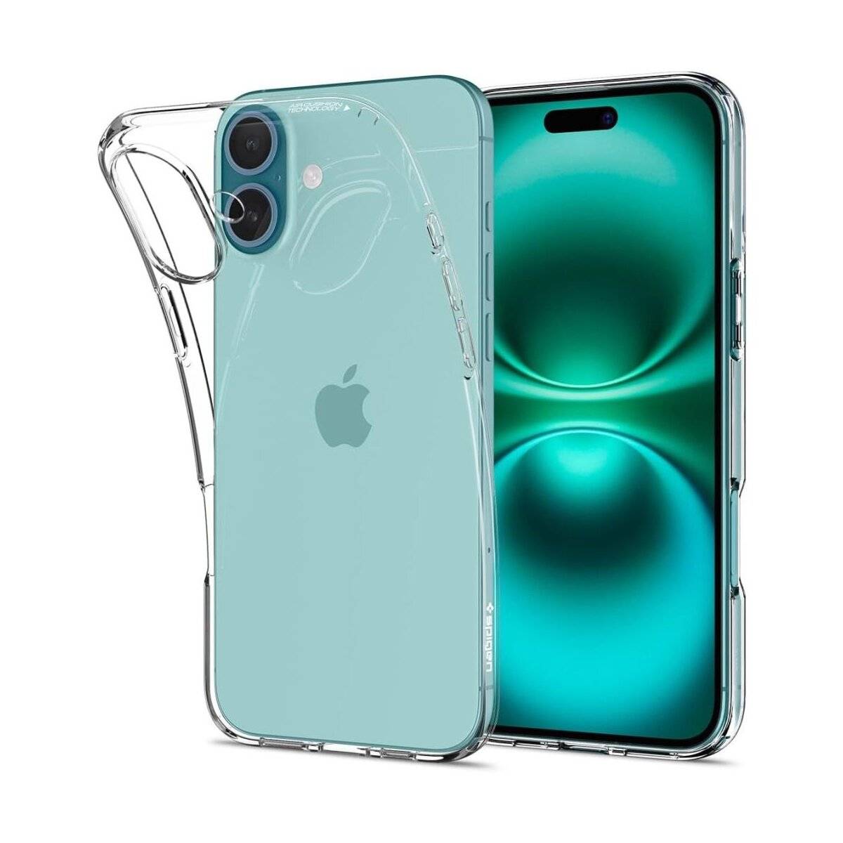 Ein transparentes Handyhülle wird neben einem Smartphone mit grünem Bildschirmdesign gezeigt. Beide Artikel zeigen die Passform und den Schutz der Hülle.