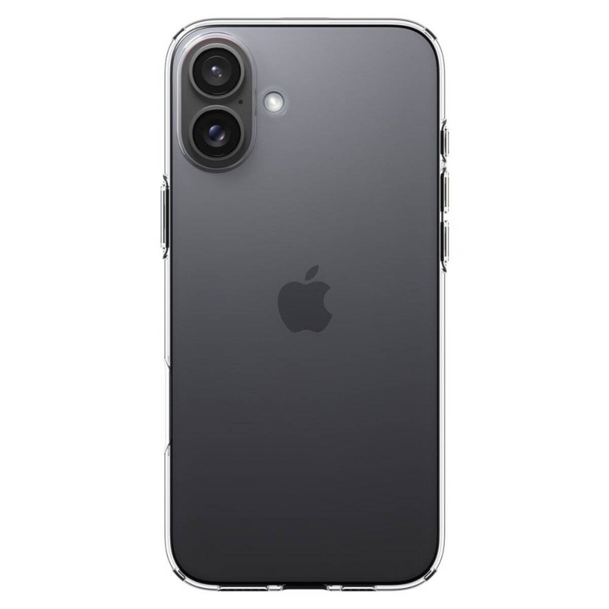 Das Bild zeigt die Rückansicht eines modernen Smartphones mit Dual-Kamera und einem Apple-Logo, das in einer durchsichtigen Schutzhülle eingebunden ist.
