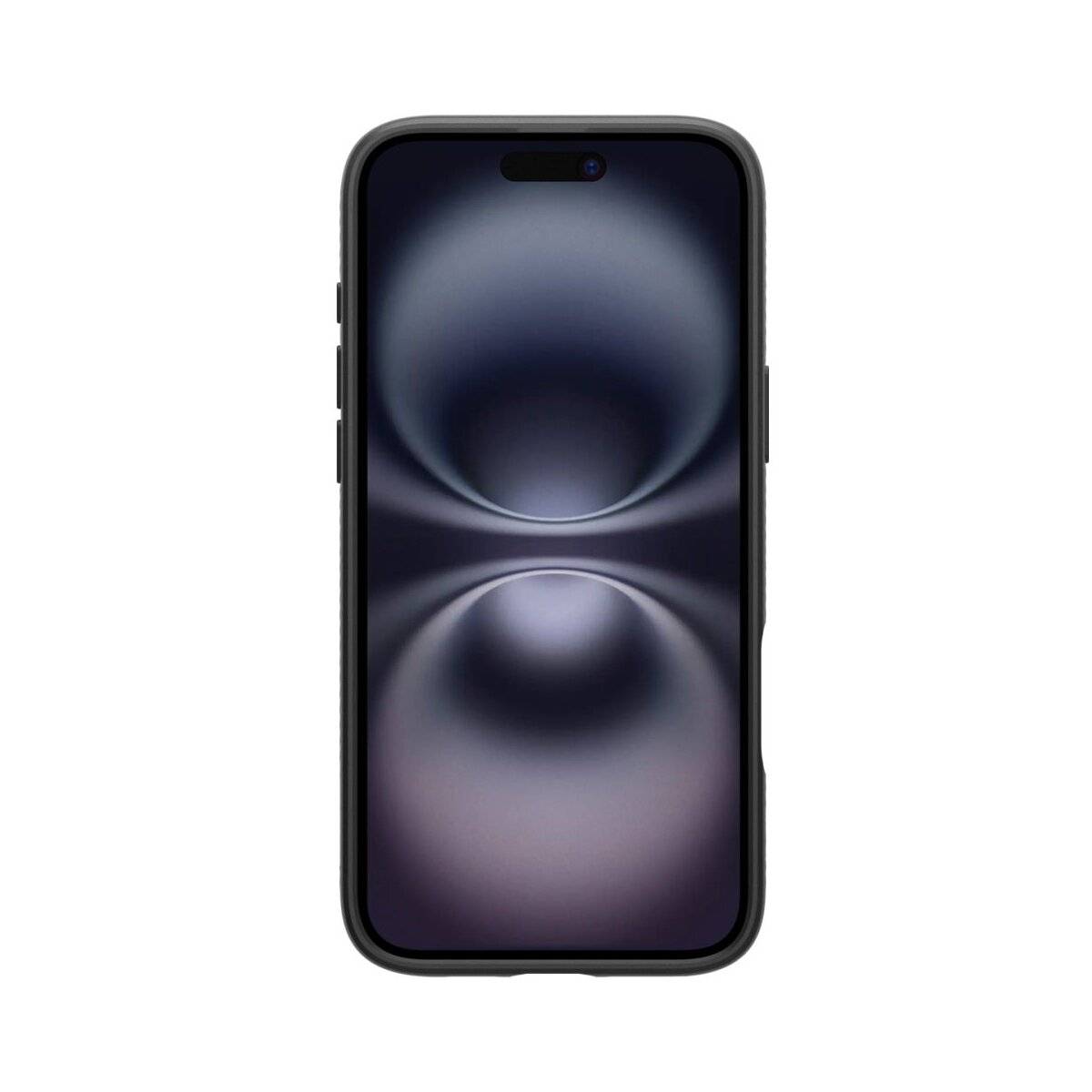 Ein Smartphone mit einem nach vorne gerichtetem Bildschirm, der ein dunkles abstraktes Muster anzeigt, mit einer Dual-Linsen-Frontkamera oben.