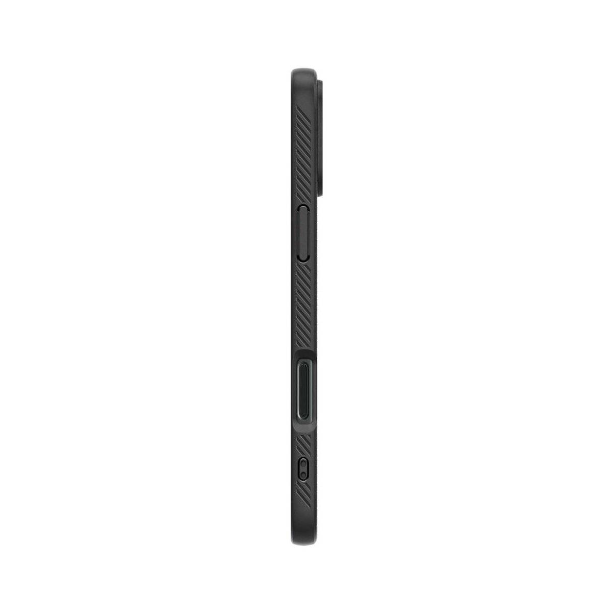 Seitenansicht eines dünnen schwarzen Smartphones mit Tasten und einer Anschlussbucht, die sein elegantes Design hervorhebt.