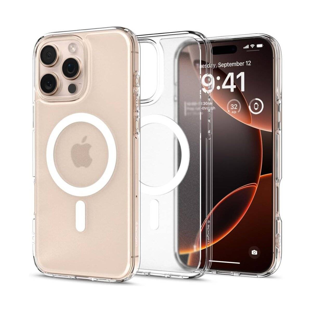 Transparente Handyhülle mit MagSafe-Kompatibilität, die auf einem Smartphone angezeigt wird, auf dem die Uhrzeit 9:41 und das Datum „Dienstag, 12. September