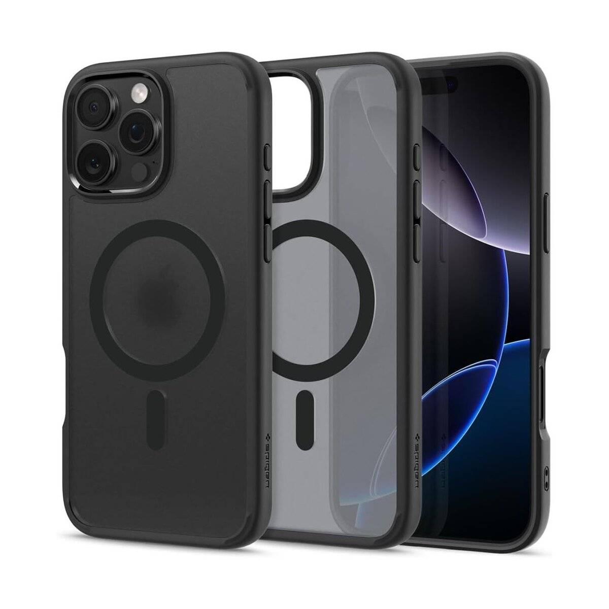 Drei schwarze iPhone-Hüllen werden aus verschiedenen Winkeln präsentiert: von vorne, von hinten und von der Seite. Die Hüllen verfügen über kreisförmige MagSafe-Designs.