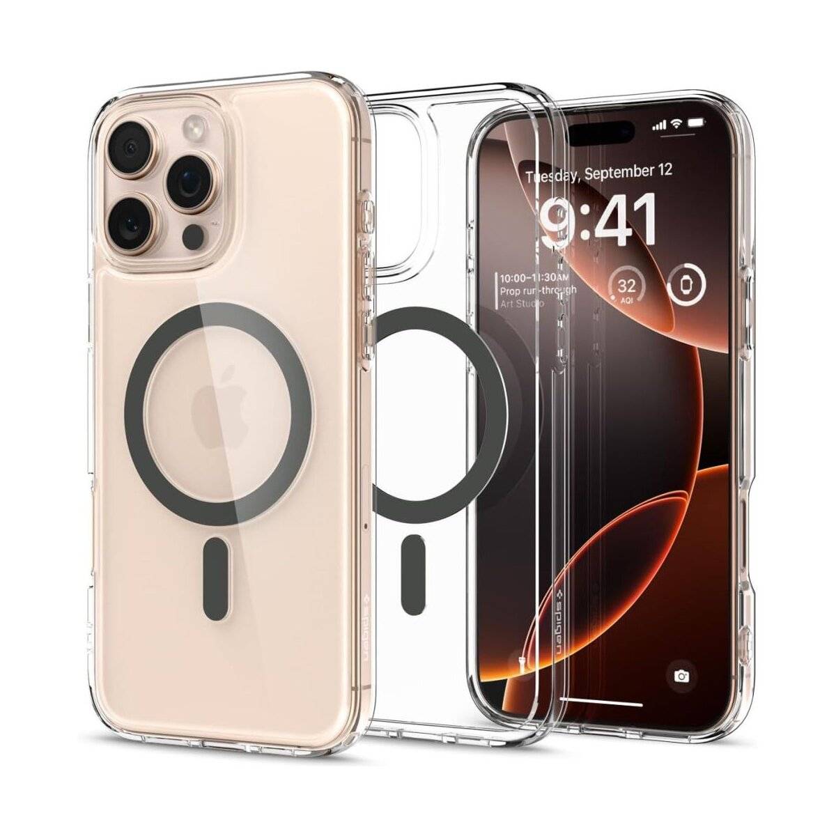 Zwei Smartphones mit transparenten Hüllen; eines zeigt die Rückseite mit dem Apple-Logo im Fokus, und das andere stellt den vorderen Bildschirm mit Datum und Uhrzeit dar.